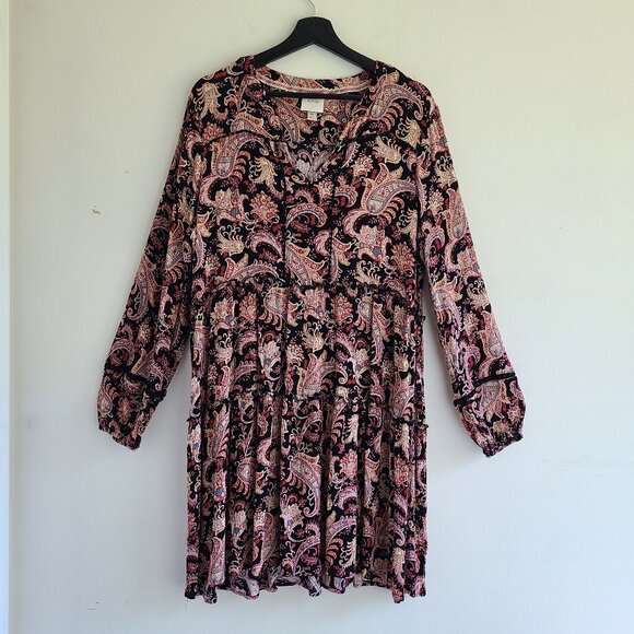Knox Rose Dress XL Black Pink Floral Peasant Boho Hippie Tiered Long Sleeve - Picture 1 of 10